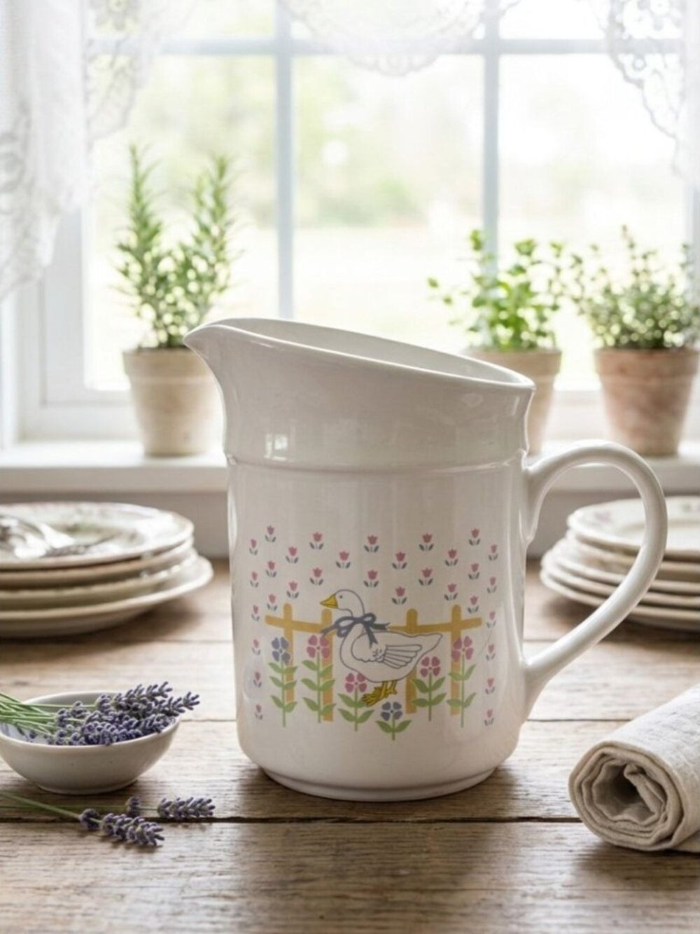 Vintage 80s Country Goose Stoneware Pitcher Blue Bow Pink Tulips Farmhouse 6"